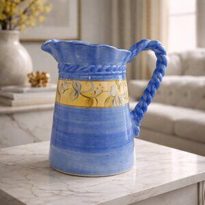 Tabletops Gallery Emilia Blue Gold Pitcher 10" Hand Painted